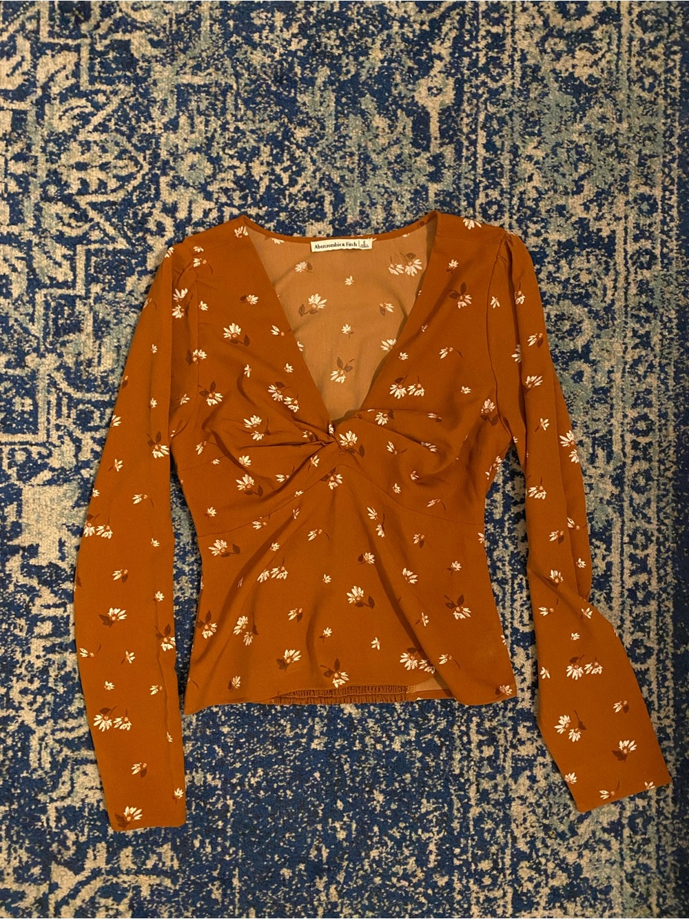Abercrombie & Fitch Rust Floral Twist-Front Long Sleeve Blouse